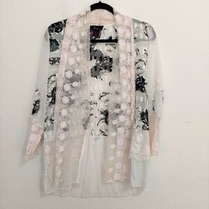 Alberto Makali Womens Pink Black Floral Sleer Lace Kimono Cardigan Cover-Up